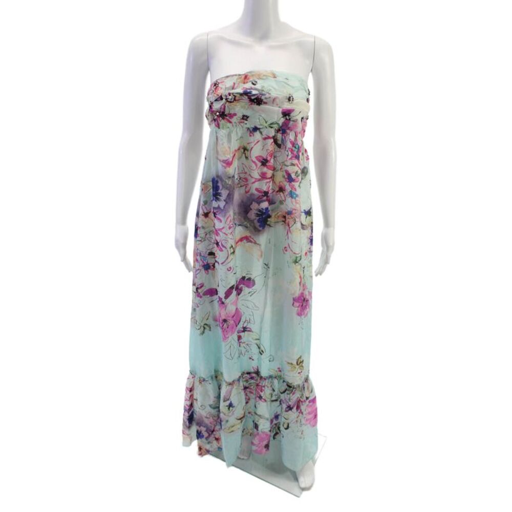 Emamo Women Maxi Dress Blue Silk Floral Off Shoulder Sleeveless Pullover Size M